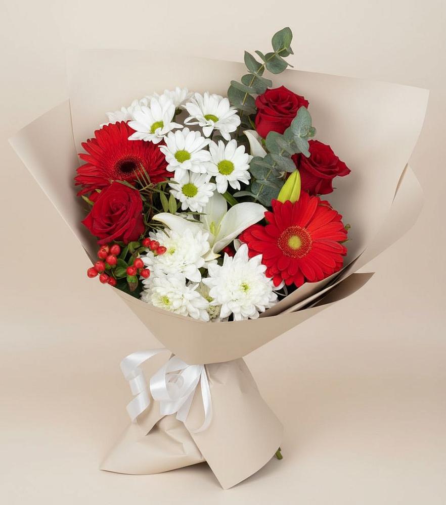 Букет цветов из: Розы, Хризантемы, Герберы и Лилии в Рыбной Слободе