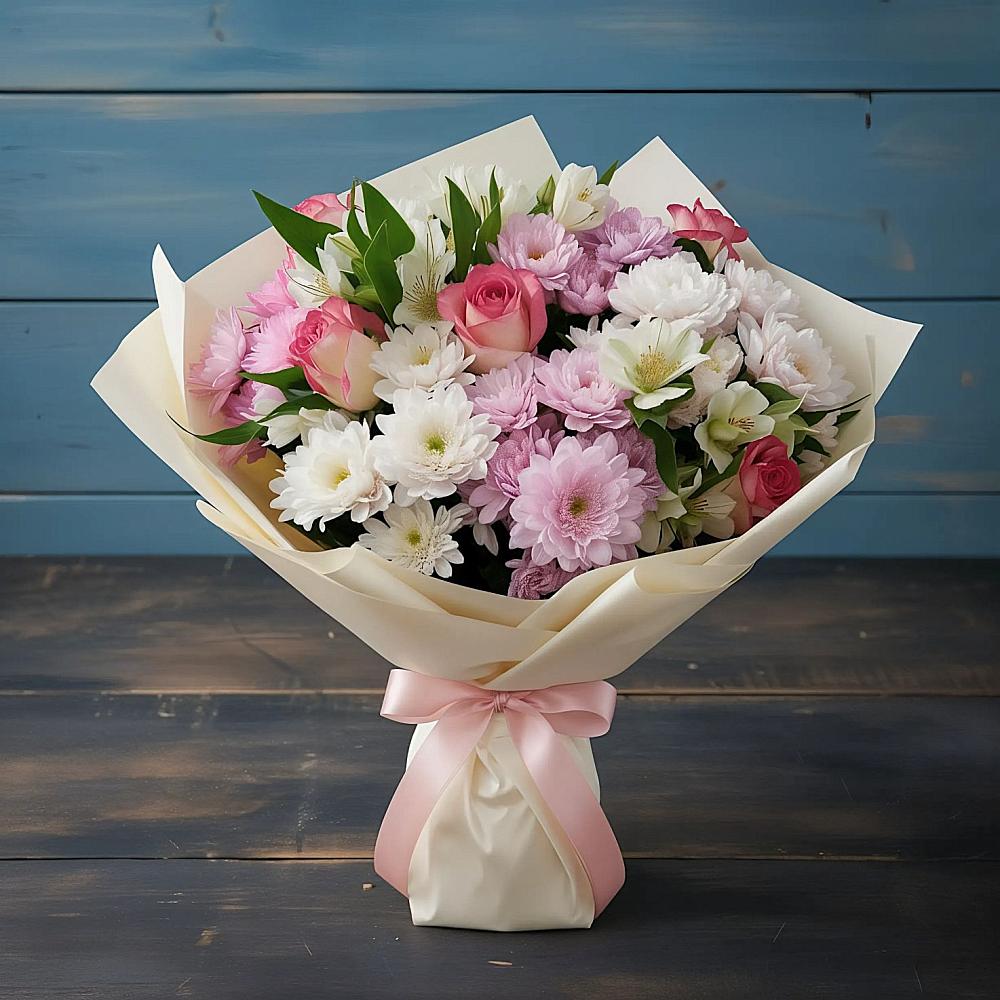 Букет цветов из: Хризантемы, Альстромерии и Розы в Рыбной Слободе